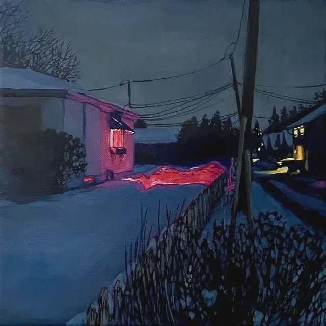 A painting of a snowy suburban street at night, featuring a house with a glowing red window and a fence in the foreground. A…