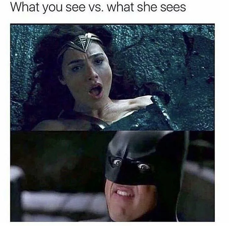 The top panel shows Wonder Woman with a shocked, wide-eyed expression, seemingly underwater. The bottom panel shows Batman…