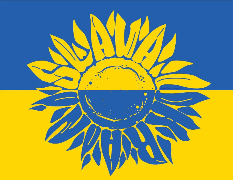 A stylized sunflower with blue and yellow petals overlays the Ukrainian flag, which has horizontal blue and yellow stripes…