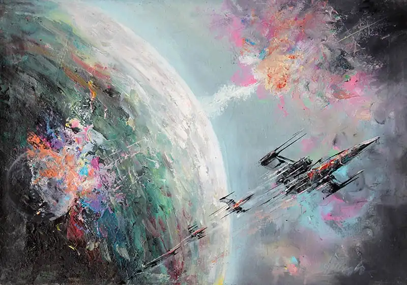 An abstract, painterly space scene shows three starfighters flying toward a large planet, with vibrant, chaotic brushstrokes…