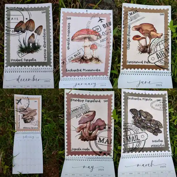 A six-panel image displays pages from a 2025 spiral-bound calendar, each page designed to resemble a vintage postage stamp…