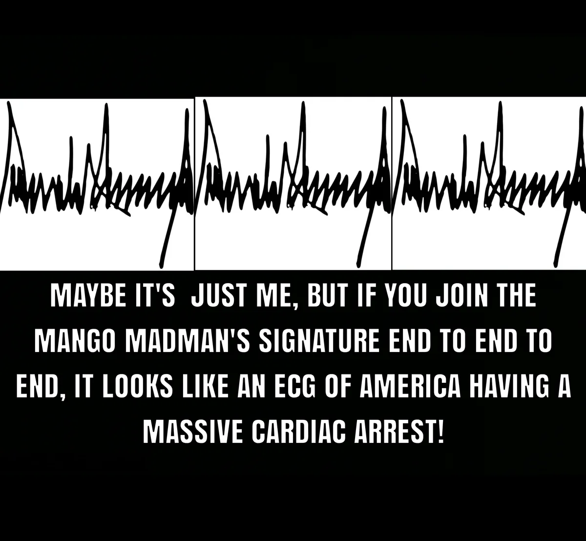 The image displays three panels of a black, jagged, repeating signature that resembles an erratic electrocardiogram (ECG)…