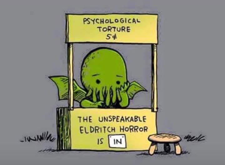 A cartoon depicts a green, tentacled Cthulhu-like creature peeking out from behind a yellow booth labeled 'PSYCHOLOGICAL…