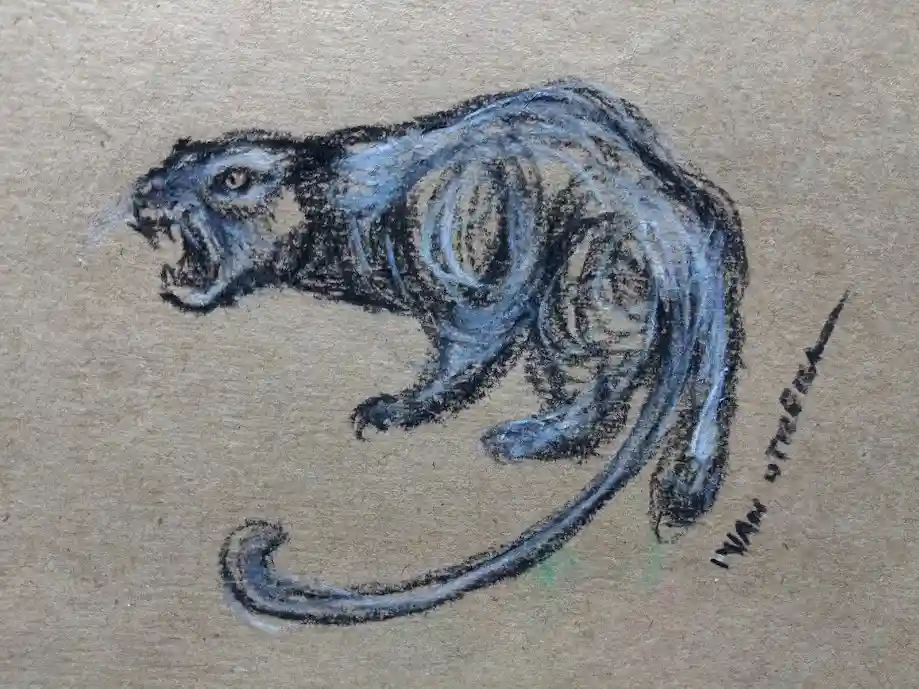 A sketch of a snarling, blue-tinted panther drawn with charcoal and blue pastel on textured brown paper, with the artist's…