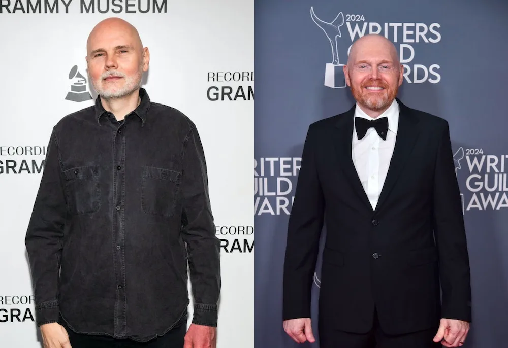 The image is a side-by-side comparison of the same bald man with a beard. On the left, he wears a dark button-up shirt at a…