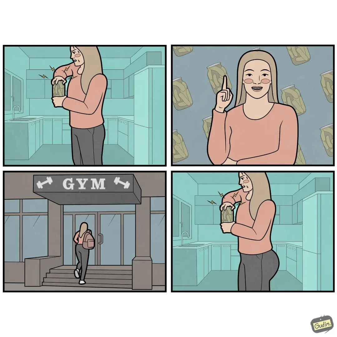 A four-panel comic shows a woman in a kitchen struggling to open a jar, then confidently pointing at the viewer as jars…