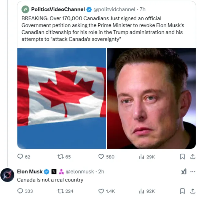 A screenshot of a tweet from 'PoliticsVideoChannel' showing a split image: the Canadian flag on the left and a close-up of…