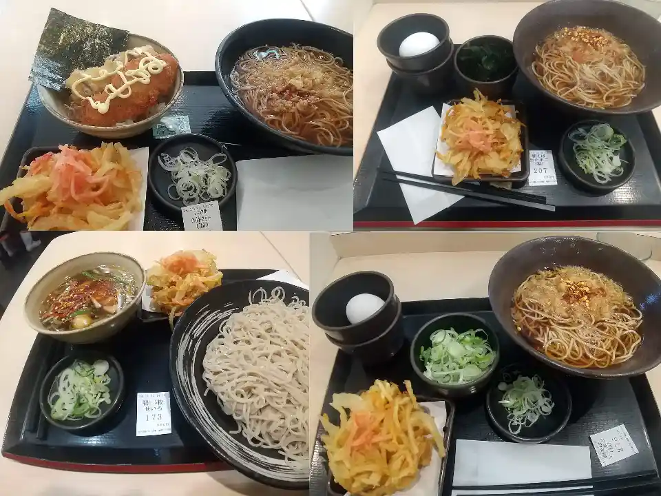 Four photos show Japanese ramen and soba noodle meals on black trays with small side dishes, chopsticks, and a price tag…