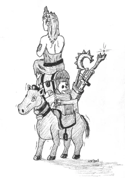 A black-and-white sketch shows a skeletal knight in armor riding a horse, holding a glowing sword aloft. On the horse's back…