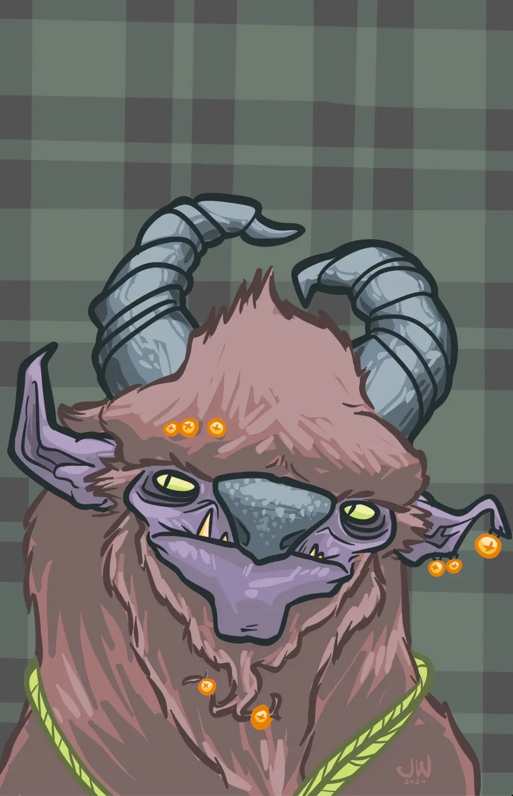 A cartoonish, furry demon with large curved horns, glowing yellow eyes, and a snarling expression, adorned with multiple…