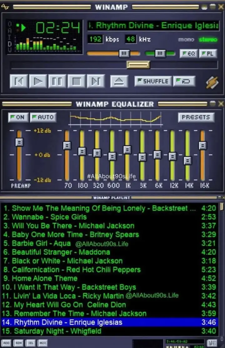 A screenshot of the Winamp media player interface from the 1990s, showing a playlist of popular 90s songs like 'Wannabe' and…