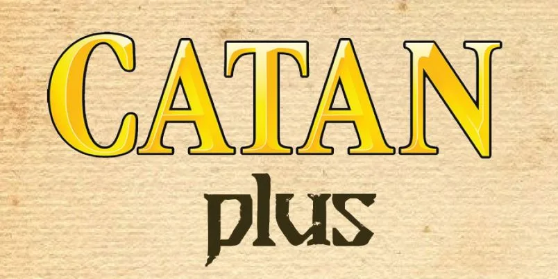 The image displays the word 'CATAN' in large, bold, yellow 3D-style letters with a black outline, set against a textured…
