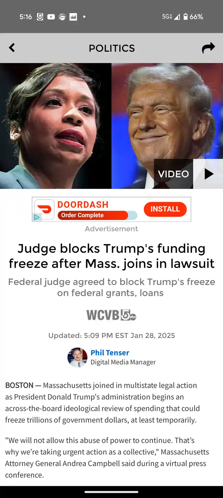 A screenshot of a news article from WCVB5abc shows a split image of Massachusetts Attorney General Andrea Campbell and…