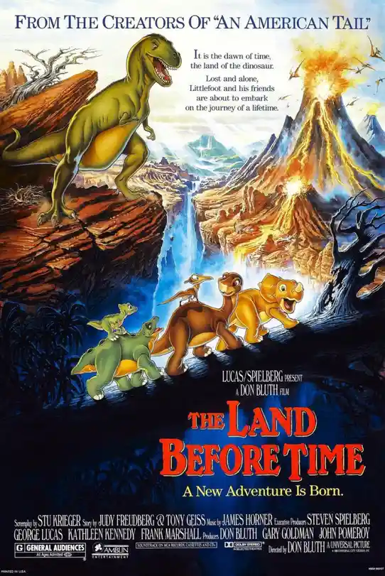 This is a movie poster for 'The Land Before Time,' featuring cartoon dinosaurs in a prehistoric landscape with volcanoes and…