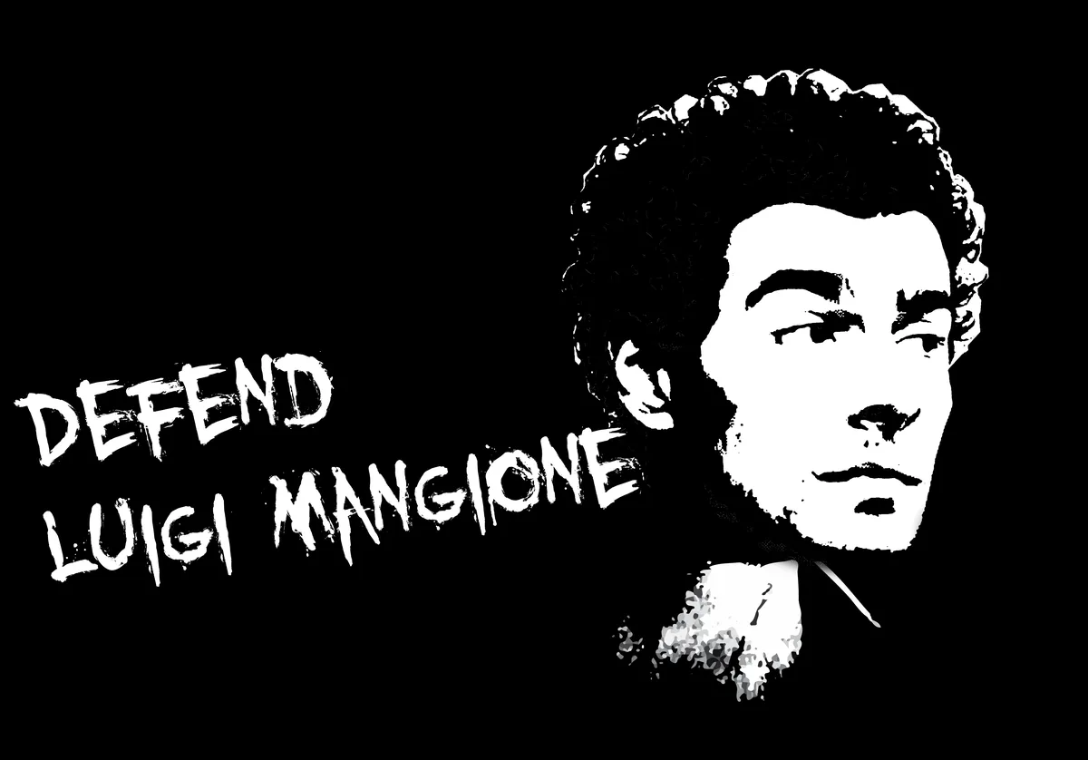 A black-and-white stylized portrait of a man with curly hair and a collared shirt, facing right, with the text 'DEFEND LUIGI…