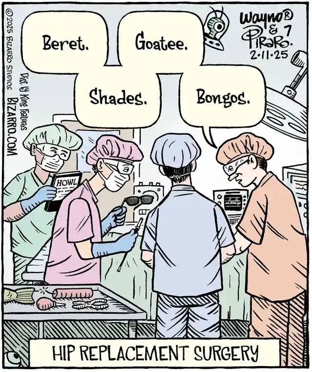 In a cartoon depicting a hip replacement surgery, four surgeons in scrubs and surgical caps are gathered around an operating…