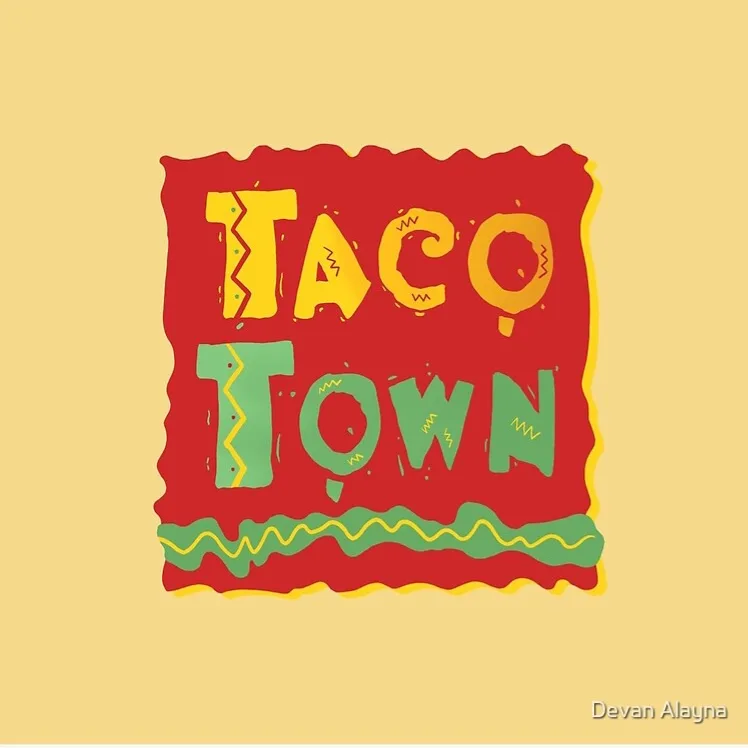 A stylized logo for 'Taco Town' features the words in bold, colorful letters against a red, jagged-edged background…