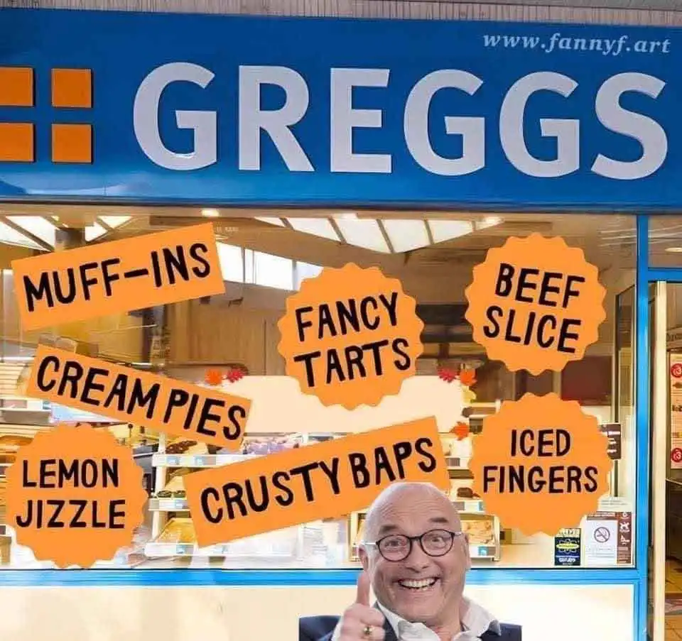 The image shows a Greggs bakery storefront with a blue sign and orange labels listing items like 'muff-ins', 'cream pies'…