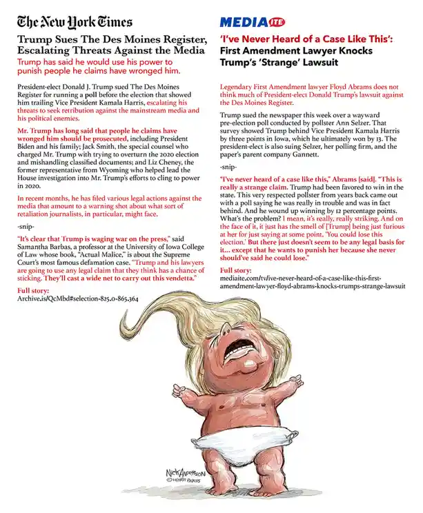 The image displays two newspaper articles side-by-side: one from The New York Times about Trump suing a newspaper for a poll…