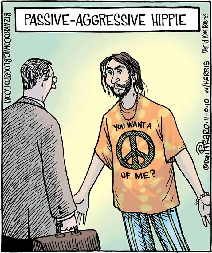 A cartoon depicts a man in a suit holding a briefcase facing a long-haired, bearded man in a tie-dye shirt with a peace…