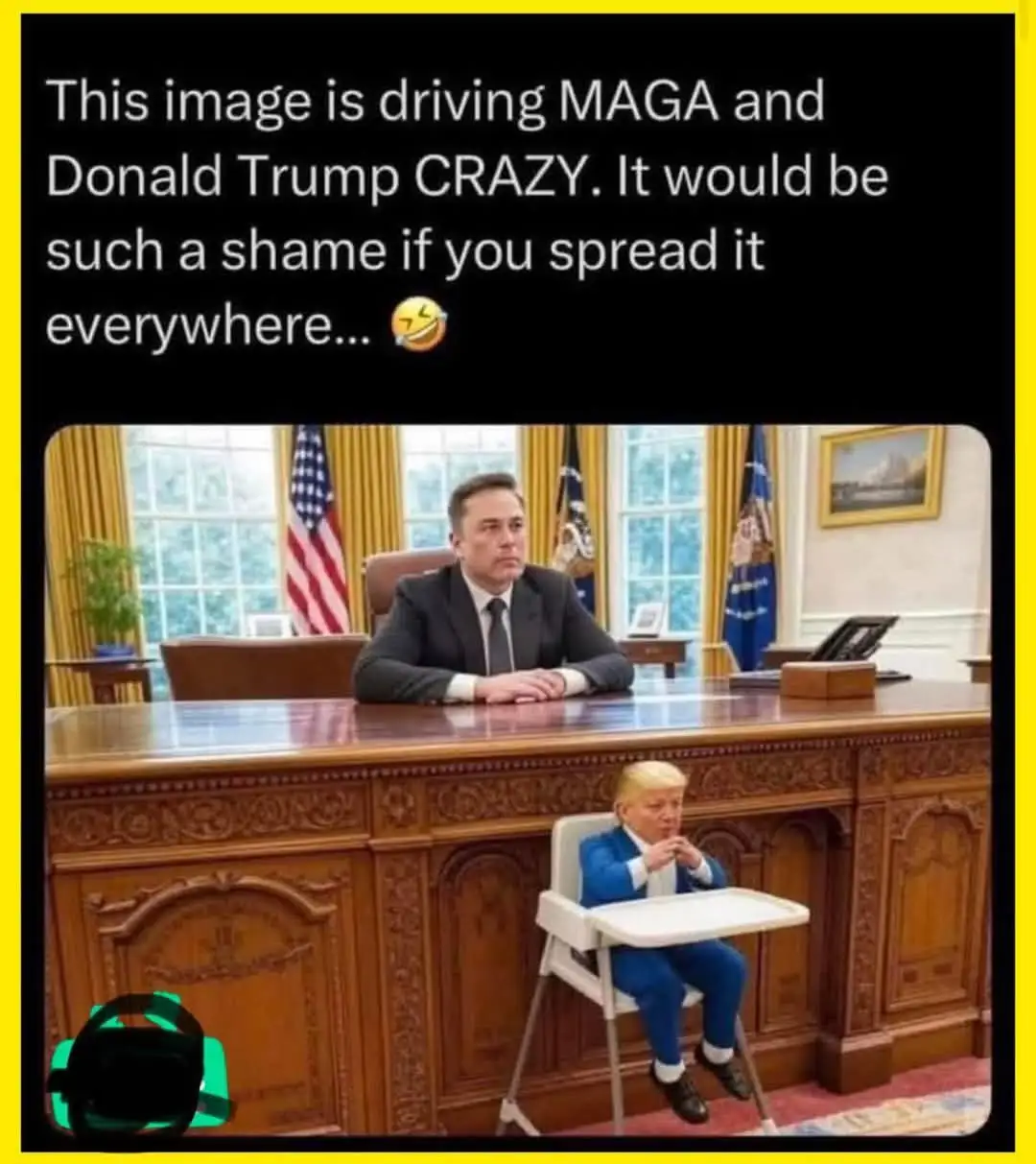An edited image shows Elon Musk sitting at a large wooden presidential desk in an office with American flags and windows. In…