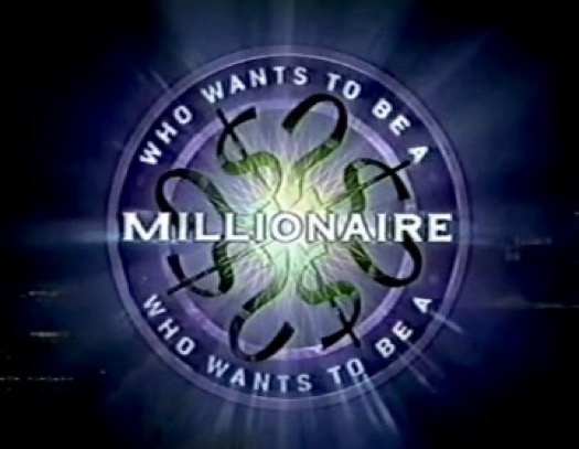 The iconic logo for the game show 'Who Wants to Be a Millionaire' is shown, featuring the title in white text within a…