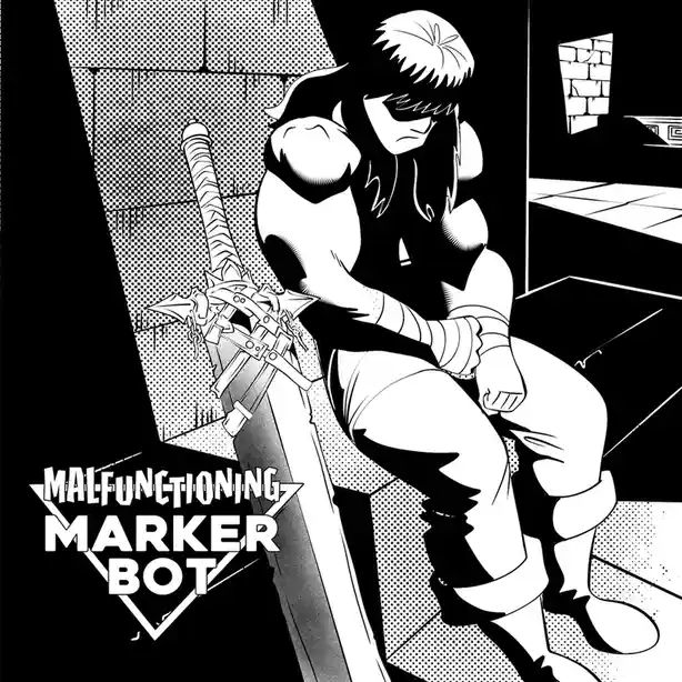 A black and white comic-style illustration shows a muscular, masked character in a dynamic pose, holding a large, ornate…