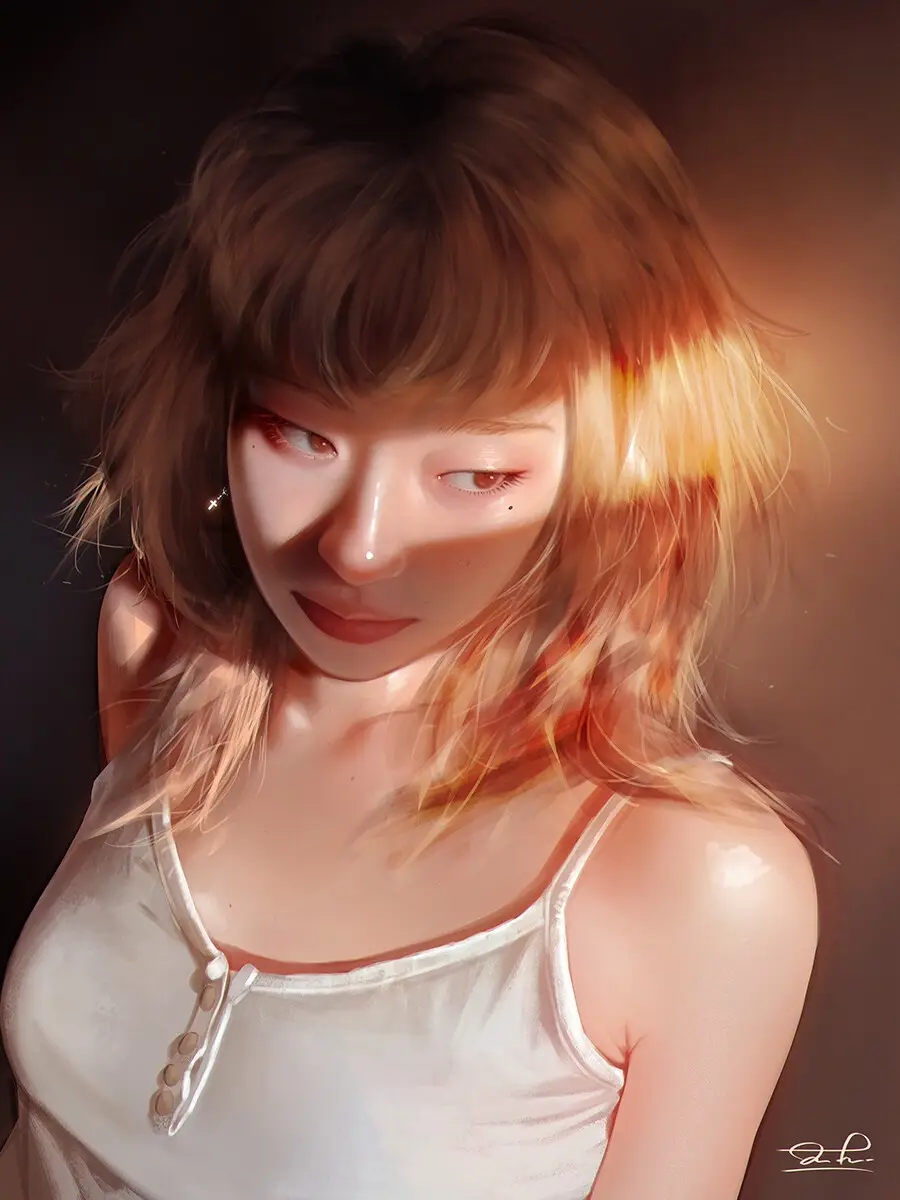 A digital painting of a young woman with brown hair and bangs, wearing a white tank top, looking down with a soft…