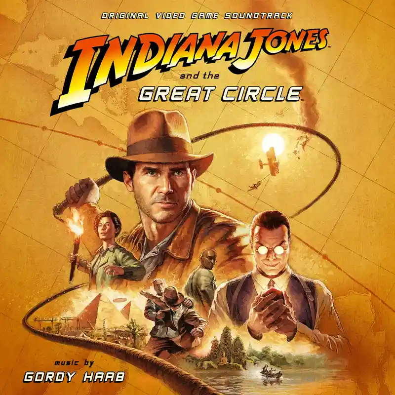 This is the cover art for the 'Indiana Jones and the Great Circle' video game soundtrack, featuring a central illustration…