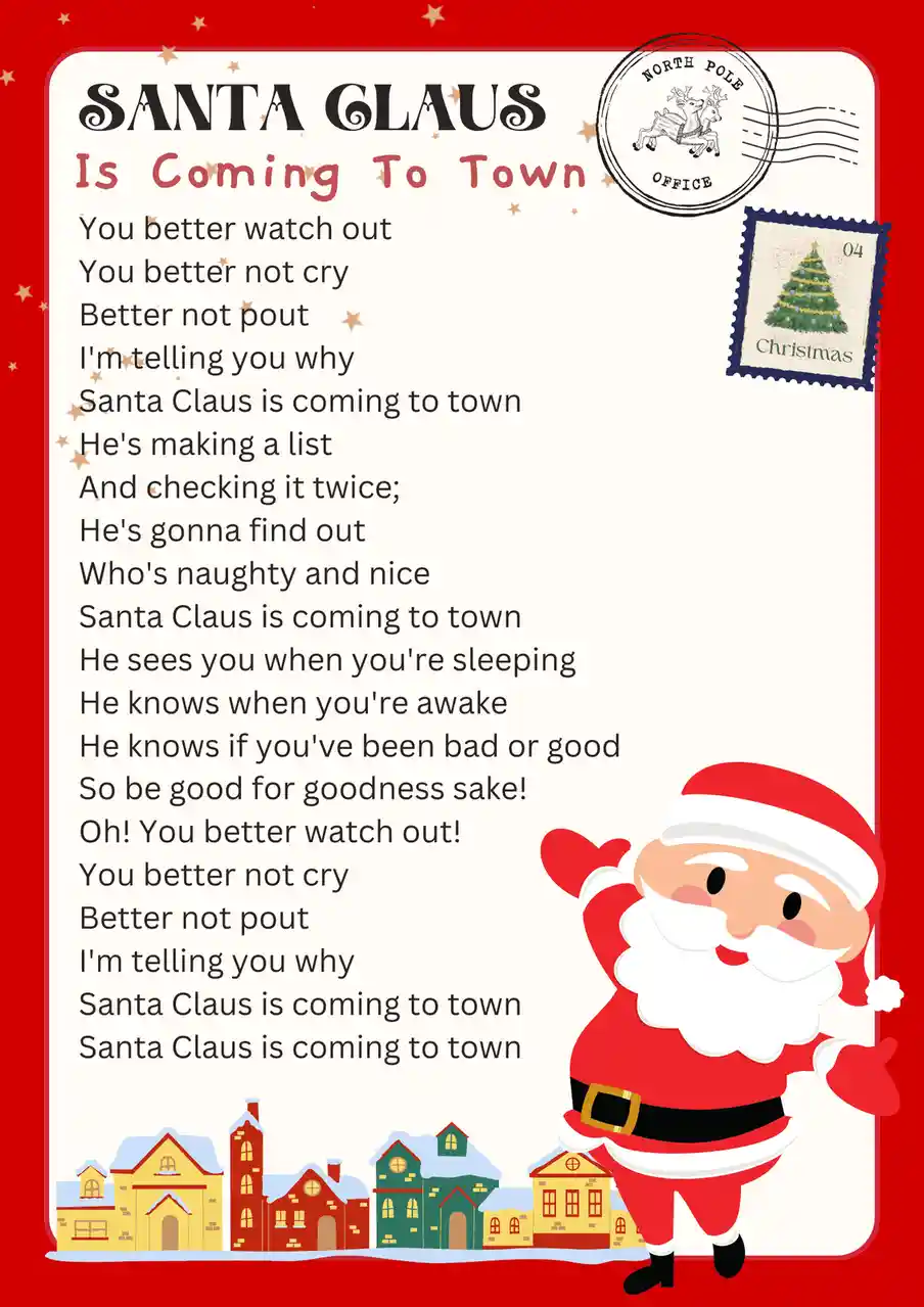 A festive red-bordered image styled like a North Pole postcard, featuring a cartoon Santa Claus waving cheerfully on the…