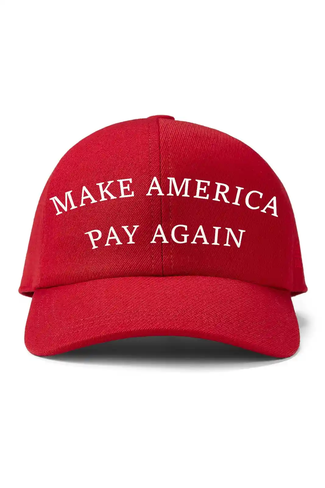 A red baseball cap with white embroidered text that reads 'MAKE AMERICA PAY AGAIN' in two lines, set against a plain white…