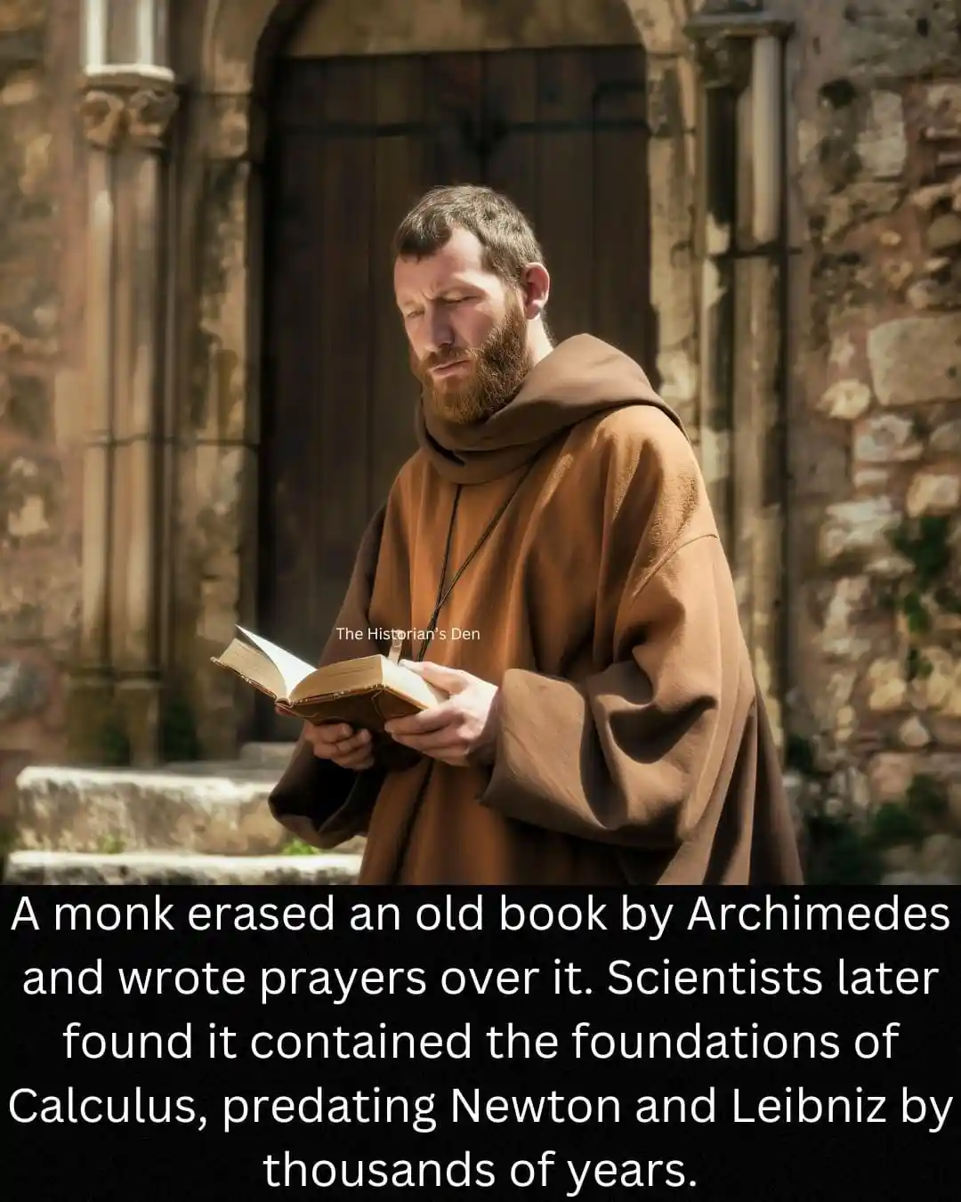 A man in a brown monk's robe stands outdoors in front of a stone building, holding an open book and looking down at it with…