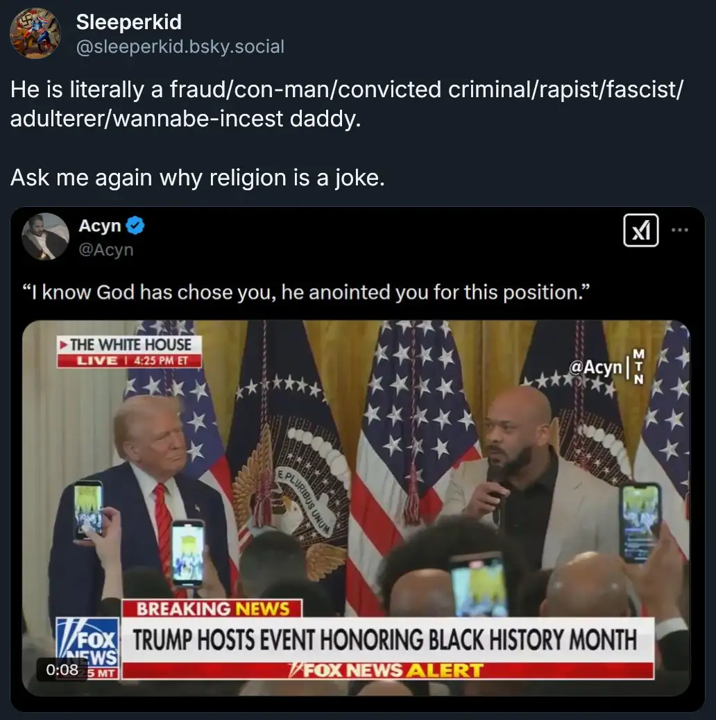 A screenshot of a Fox News broadcast shows Donald Trump and a Black man speaking at an event, with American flags and the…