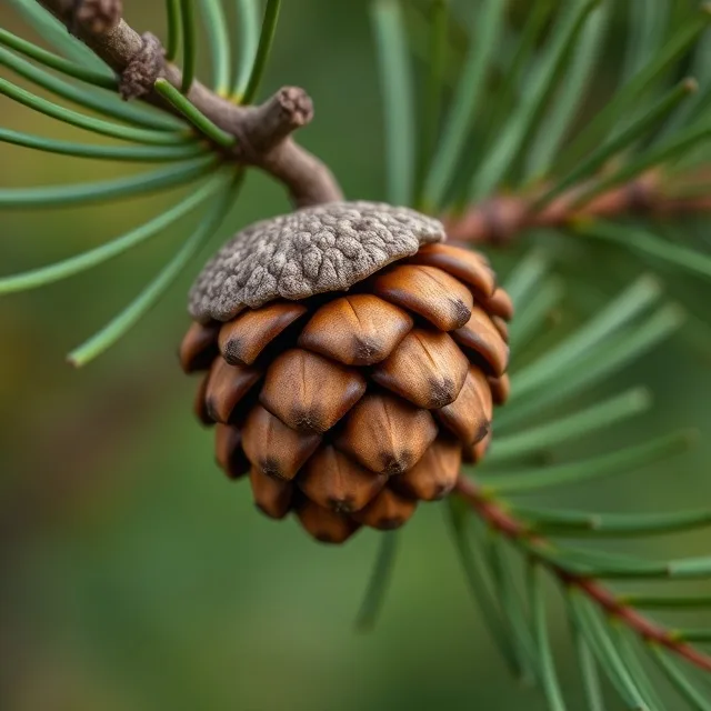 A close-up photograph of a pinecone attached to a branch with green pine needles, overlaid with the text 'i'm not a…