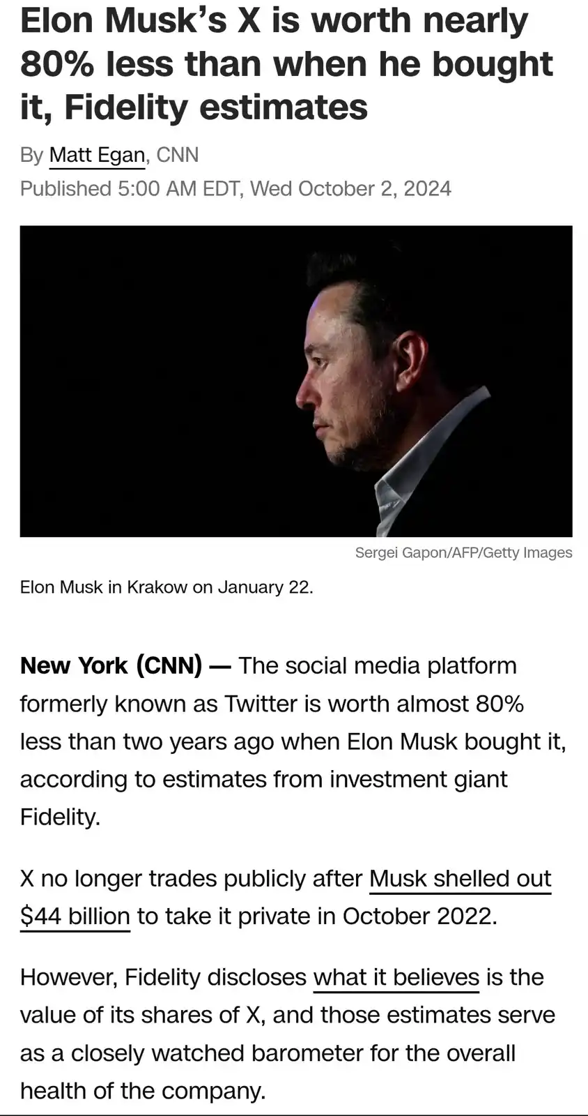 A screenshot of a CNN news article from October 2, 2024, featuring a profile photo of Elon Musk looking pensive. The…