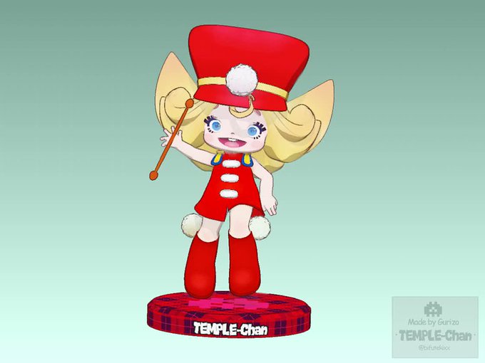 A stylized anime figurine of a blonde girl with large blue eyes, wearing a red top hat with a white pom-pom, a red outfit…