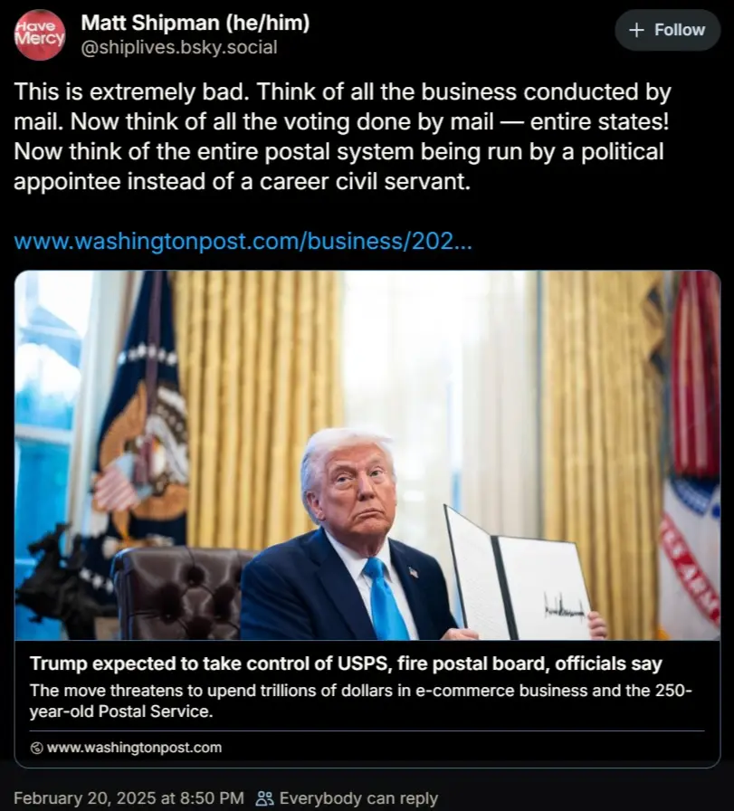A screenshot of a social media post by Matt Shipman showing a photo of Donald Trump holding a signed document in an office…