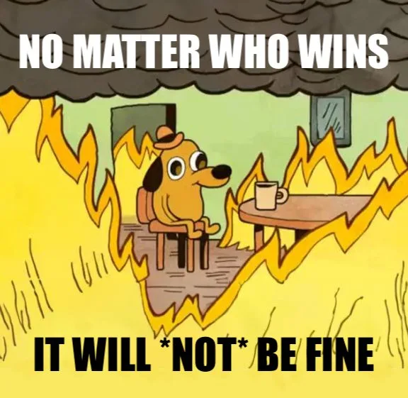 A cartoon dog wearing a hat sits calmly at a table with a mug, surrounded by flames and smoke. The text reads 'NO MATTER WHO…