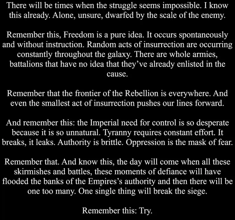 The image is a black background with white text, displaying a motivational speech from the Star Wars universe, specifically…