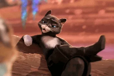 A black and white animated cat lounges on a wooden surface with its legs crossed, looking relaxed and slightly smug. The…