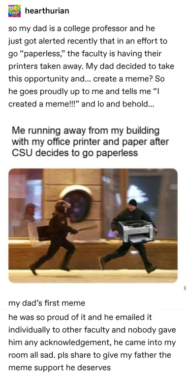 Two people are running away from a building, one carrying a printer and the other carrying a stack of paper. The image is…