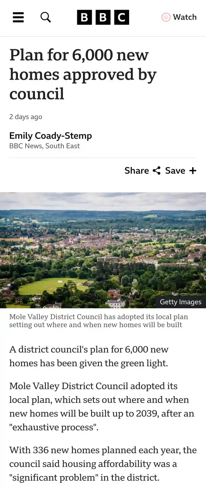 A BBC news article screenshot shows a headline about a council approving a plan for 6,000 new homes, with an aerial photo of…