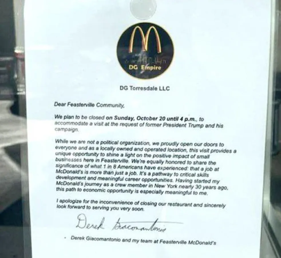 A printed notice from a McDonald's location called 'DG Empire' (DG Torresdale LLC) announces a closure on October 20 to…