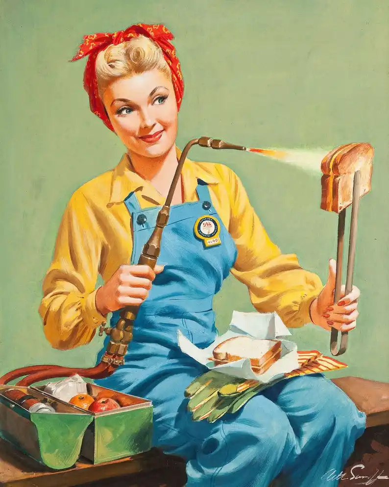A vintage-style illustration shows a smiling woman in a yellow shirt and blue overalls, wearing a red bandana, holding a…