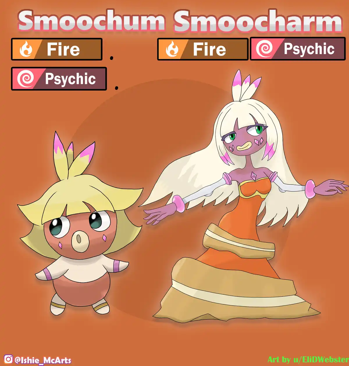 The image displays two Pokémon, Smoochum and Smoocharm, side by side against an orange background. Smoochum is a small…