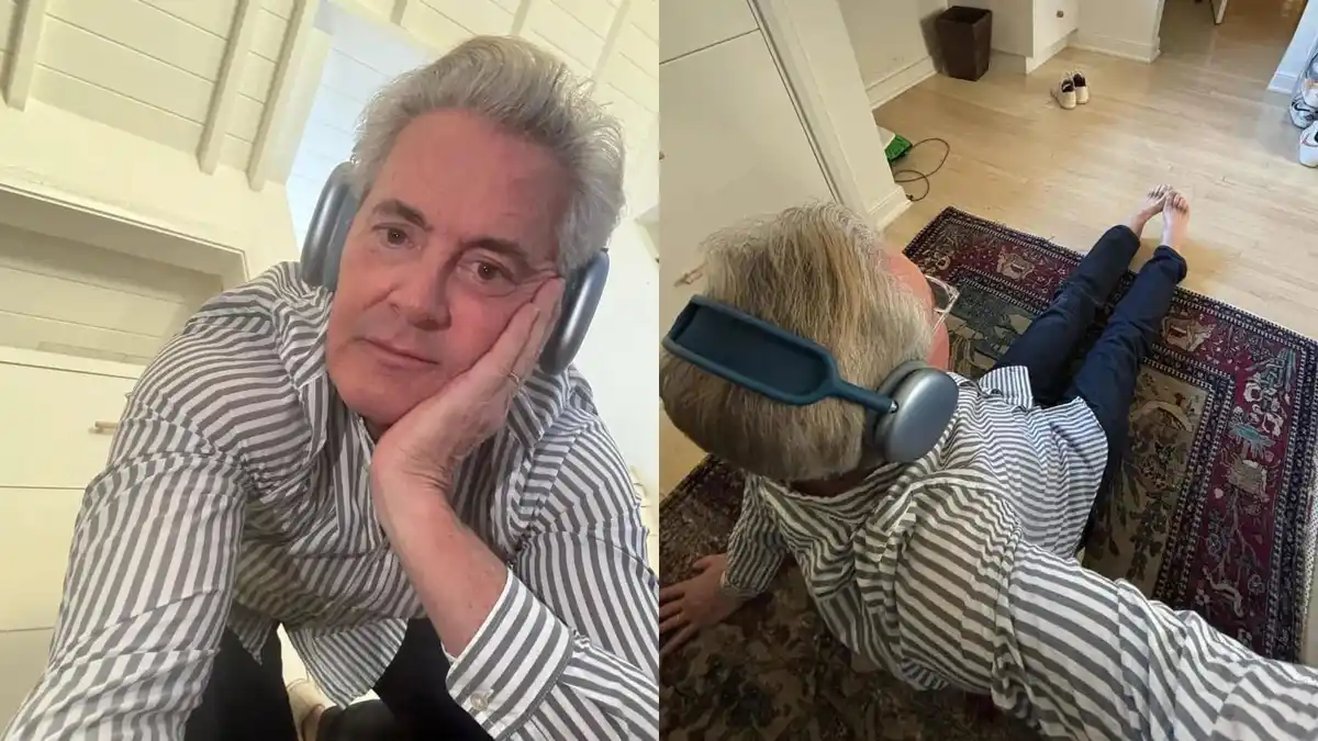 A split image shows a man in a striped shirt wearing headphones. In the left panel, he looks at the camera with his hand on…