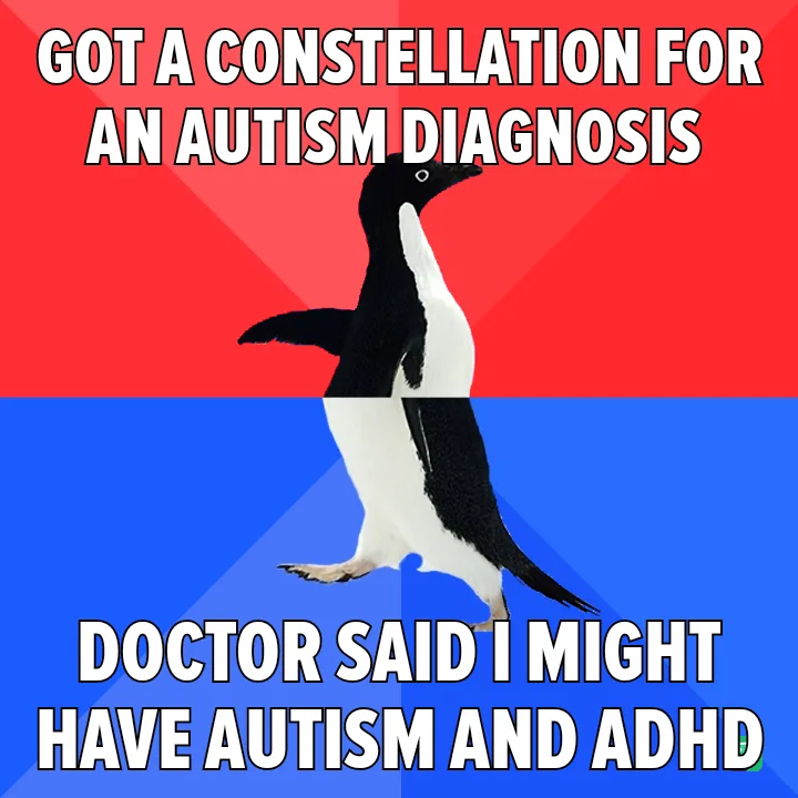A penguin stands centered against a red and blue background, with bold white text overlaid. The top text reads 'GOT A…