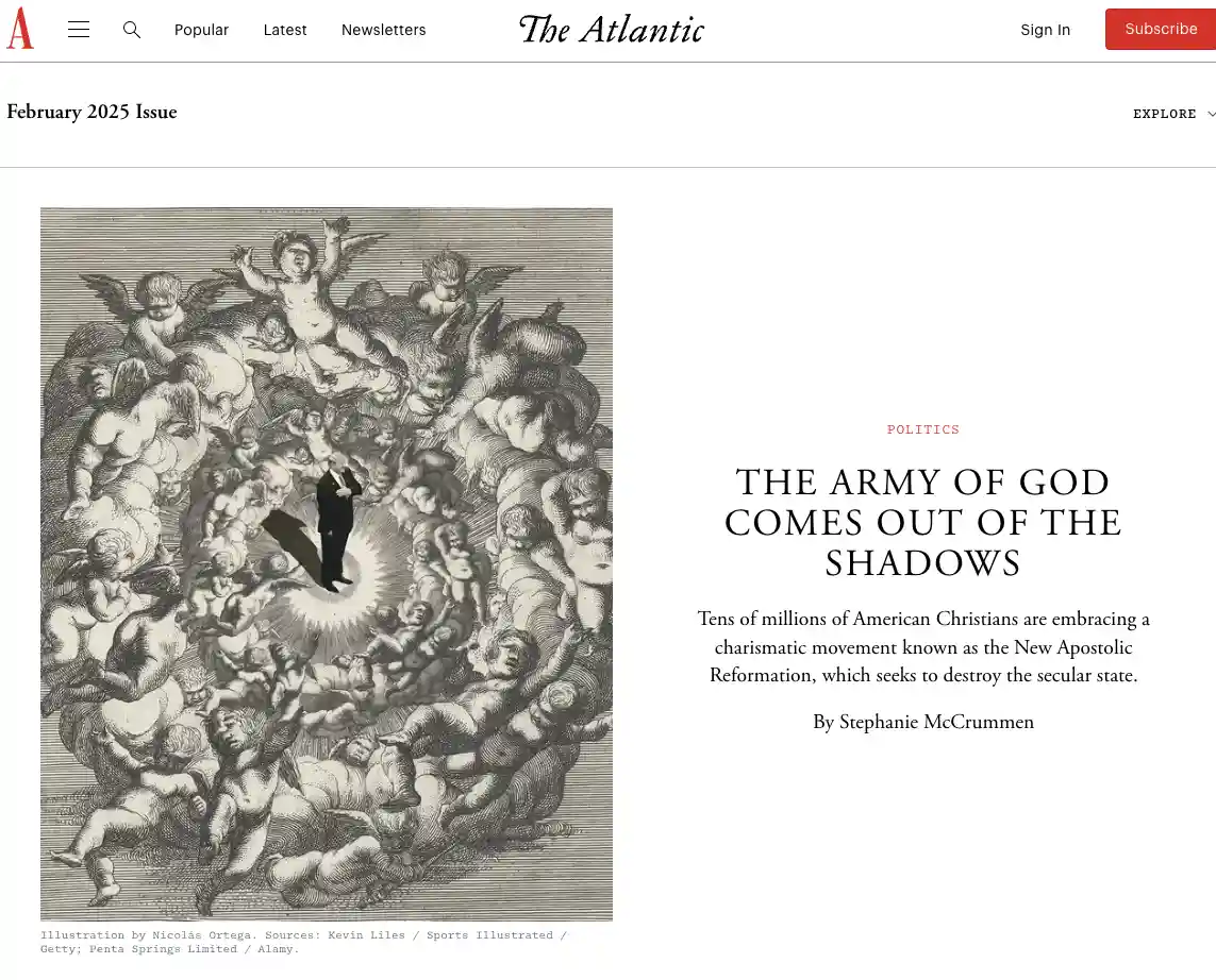 An illustration from The Atlantic magazine shows a man in a suit standing in a bright circle surrounded by numerous cherubic…