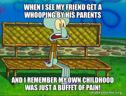 Squidward from SpongeBob SquarePants sits on a bamboo bench with a distressed expression, his mouth open in shock or…
