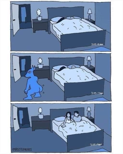 A three-panel comic strip shows a bedroom at 3:05 AM. In the first panel, a bed is unoccupied. In the second, a blue…